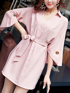 Pink Slim Over-Hip V-Neck Flare Sleeve Band Buttons Dress for Casual Party Evening Office