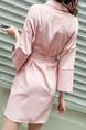 Pink Slim Over-Hip V-Neck Flare Sleeve Band Buttons Dress for Casual Party Evening Office