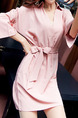 Pink Slim Over-Hip V-Neck Flare Sleeve Band Buttons Dress for Casual Party Evening Office