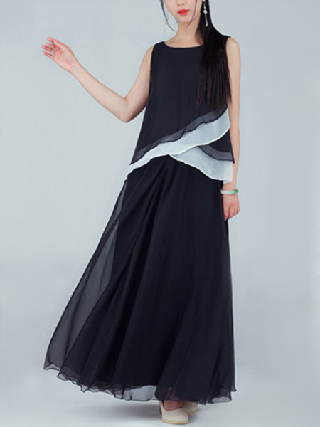 Black Two-Piece Loose Contrast Linking Full Skirt Dress for Casual Party