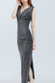 Grey Silver Slim Over-Hip V-Neck Bright Silk Fabrics Dress for Cocktail Prom Semi Formal Party Evening