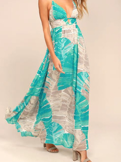 Green White and Grey Contrast Located Printing V-Neck Sling Full Skirt Dress for Casual Beach