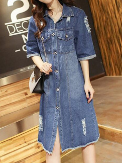 Blue Denim Holes Pockets Located Printing Buttons Midi Dress for Casual