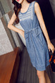 Blue Denim Round Neck Located Printing Band Above Knee Dress for Casual Party
