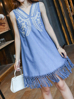 Blue Denim V Neck Located Printing Tassel Dress for Casual Party