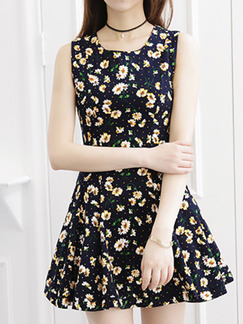 Blue Slim A-Line Contrast Printed  Above Knee Floral Dress for Casual Party