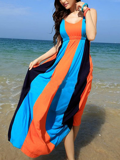 Orange Blue and Black Slim Sling V Neck Contrast Linking Full Skirt Dress for Casual Beach