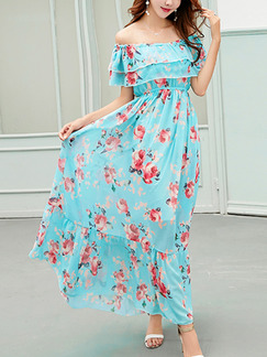 Sky Blue Printed Boat Neck Ruffled Adjustable Waist Full Skirt Floral Dress for Casual Beach