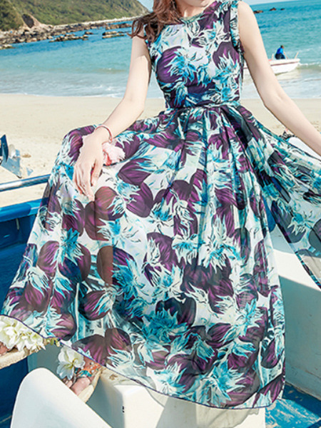 Blue Violet and White Slim Printed Round Neck Plus Size Zipper Back Full Skirt Dress for Casual Beach