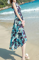 Blue Violet and White Slim Printed Round Neck Plus Size Zipper Back Full Skirt Dress for Casual Beach