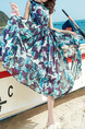 Blue Violet and White Slim Printed Round Neck Plus Size Zipper Back Full Skirt Dress for Casual Beach