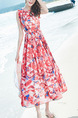 Red Blue and White Slim Printed Round Neck Plus Size Zipper Back Full Skirt Dress for Casual Beach