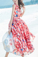 Red Blue and White Slim Printed Round Neck Plus Size Zipper Back Full Skirt Dress for Casual Beach