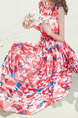 Red Blue and White Slim Printed Round Neck Plus Size Zipper Back Full Skirt Dress for Casual Beach