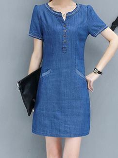 Blue Denim Plus Size Loose Square Collar Buttons Located Printing Pockets Above Knee Dress for Casual Party Office