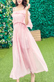 Pink Boat Neck Ruffled Flare Sleeve Full Skirt See-Through  Dress for Casual Beach

