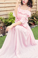 Pink Boat Neck Ruffled Flare Sleeve Full Skirt See-Through  Dress for Casual Beach