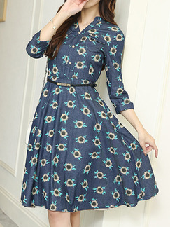 Blue Slim A-Line Printed V Neck Zipper Back Buttons Pockets Floral Dress for Casual Party Office