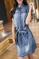 Blue Lapel Buttons Band Adjustable Waist Pockets Located Printing Above Knee Dress for Casual
