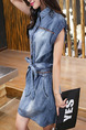Blue Lapel Buttons Band Adjustable Waist Pockets Located Printing Above Knee Dress for Casual
