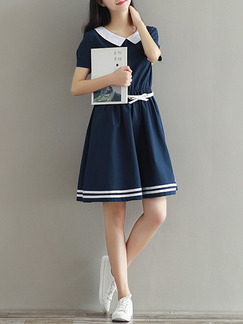 Blue Plus Size Loose Contrast Lapel Stripe Adjustable Waist Above Knee Dress for Casual Party