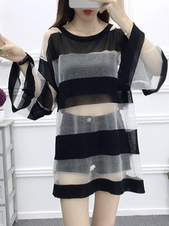 Black and White Contrast See-Through Flare Sleeve Round Neck Sun Protection Above Knee Dress for Casual Party
