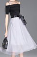 Black and Grey Slim Contrast Linking Off-Shoulder Butterfly Knot See-Through Dress for Casual Party Evening