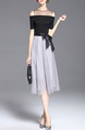 Black and Grey Slim Contrast Linking Off-Shoulder Butterfly Knot See-Through Dress for Casual Party Evening