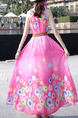 Pink Colorful Plus Size Located Printing Full Skirt Laced Round Neck Cute Dress for Casual Beach