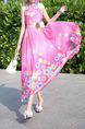 Pink Colorful Plus Size Located Printing Full Skirt Laced Round Neck Cute Dress for Casual Beach