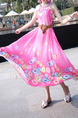 Pink Colorful Plus Size Located Printing Full Skirt Laced Round Neck Cute Dress for Casual Beach