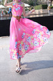 Pink Colorful Plus Size Located Printing Full Skirt Laced Round Neck Cute Dress for Casual Beach