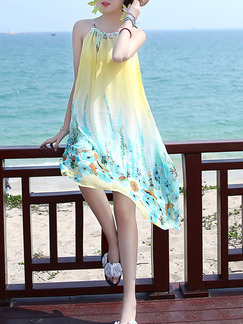 Blue Yellow Colorful Plus Size Loose Sling Drawstring Located Printing Dress for Casual Beach