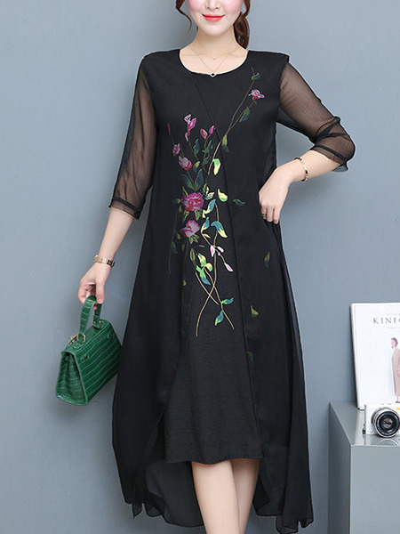 Black Plus Size Seem-Two Located Printing Round Neck Asymmetrical Hem Dress for Casual Office