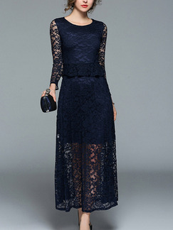 Blue Slim A-Line Plus Size Lace Printed Round Neck Ruffled Waist See-Through Long Sleeve Dress for Casual Office Evening