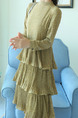Beige Slim Round Stand Collar Floral Asymmetrical Hem Long Sleeve Dress for Casual Office