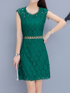 Green Slim A-Line Round Neck See-Through Waist Lace Printed Above Knee Dress for Casual Party Office