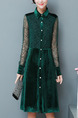 Green Plus Size Slim A-Line Lace Linking Lapel Buttons Long Sleeve Dress for Casual Office
