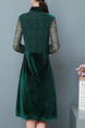 Green Plus Size Slim A-Line Lace Linking Lapel Buttons Long Sleeve Dress for Casual Office