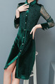 Green Plus Size Slim A-Line Lace Linking Lapel Buttons Long Sleeve Dress for Casual Office