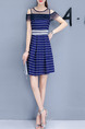 Blue and White Plus Size Slim A-Line Off-Shoulder Stripe Round Neck Mesh Above Knee Dress for Casual Office Party
