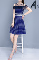 Blue and White Plus Size Slim A-Line Off-Shoulder Stripe Round Neck Mesh Above Knee Dress for Casual Office Party