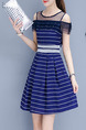 Blue and White Plus Size Slim A-Line Off-Shoulder Stripe Round Neck Mesh Above Knee Dress for Casual Office Party