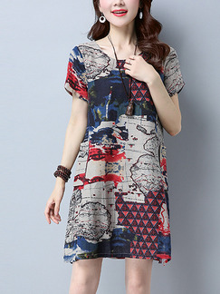 Colorful Plus Size Loose Printed Round Neck Pocket Furcal Above Knee Dress for Casual Party