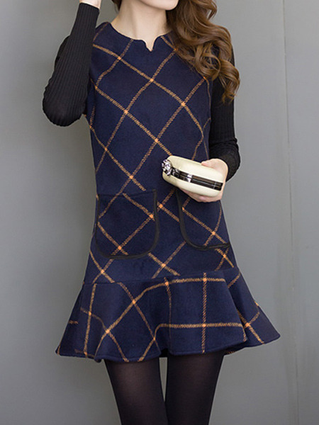 Blue and Black Slim Seem-Two Knitted Linking Contrast Grid Ruffled Pockets Above Knee Long Sleeve Dress for Casual Office