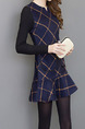 Blue and Black Slim Seem-Two Knitted Linking Contrast Grid Ruffled Pockets Above Knee Long Sleeve Dress for Casual Office