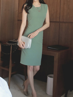 Green Slim Round Neck Over-Hip Zipper Back Furcal Above Knee Dress for Casual Office Evening