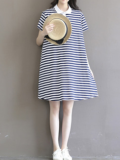 Blue and White Plus Size Loose Lapel Contrast Stripe  Dress for Casual
