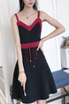 Black and Red Slim Sling Open Back Contrast Band Drawstring Dress for Casual Party
