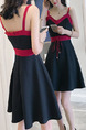 Black and Red Slim Sling Open Back Contrast Band Drawstring Dress for Casual Party